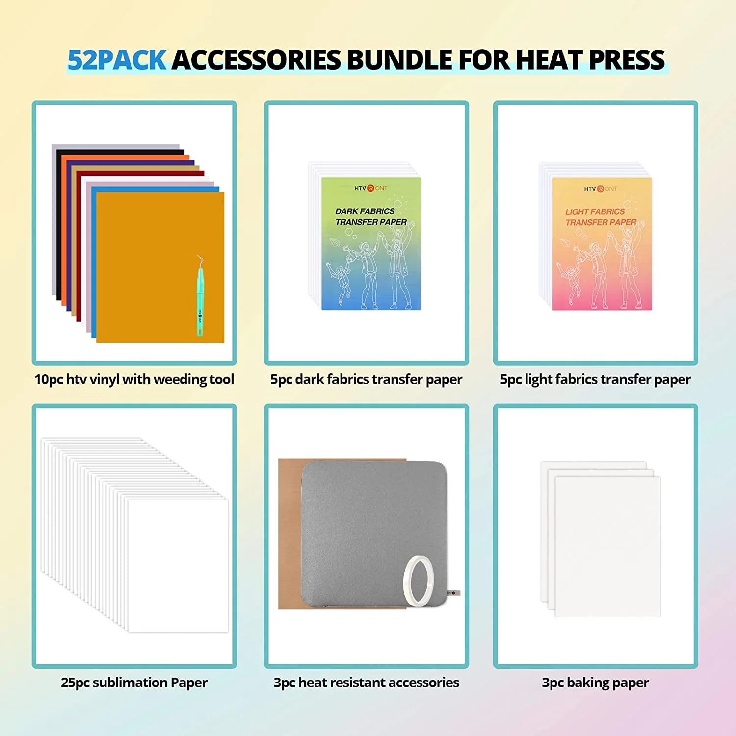 Heat Press Accessories Bundle for Easy Craft - 52 Pcs(included Heat Press Mat 11.5*11.5in+PTFE Teflon Sheet 12*10in) - Image 4