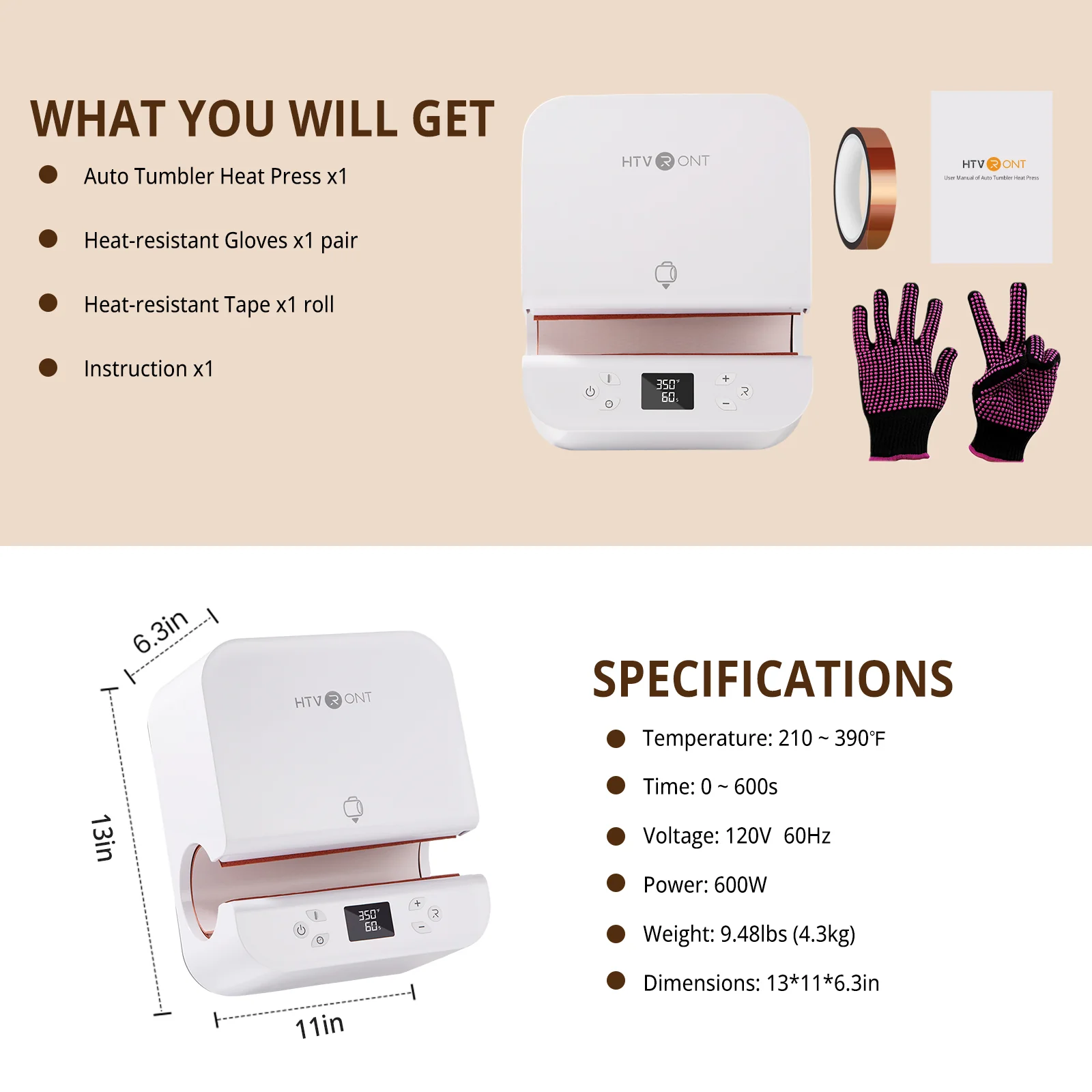 CA HTVRONT Auto Tumbler Heat Press 120V (2 Colors), Standard Kit - Image 6