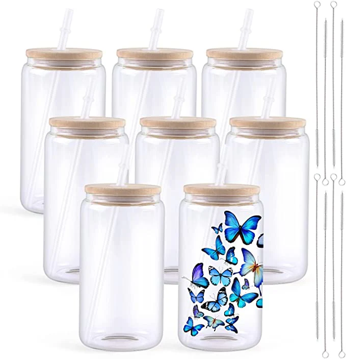 Sublimation  Clear/Frosted Glass Blanks with Bamboo Lid - 16oz - Image 11