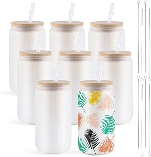 Sublimation  Clear/Frosted Glass Blanks with Bamboo Lid - 16oz - Image 7